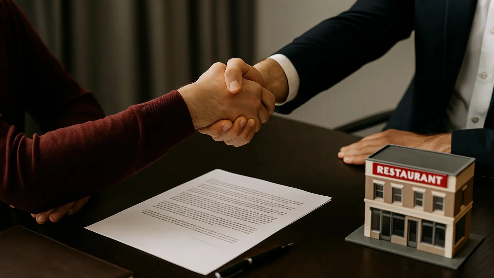 Signature de contrat entre un apporteur d’affaires restauration et un investisseur de restaurant.