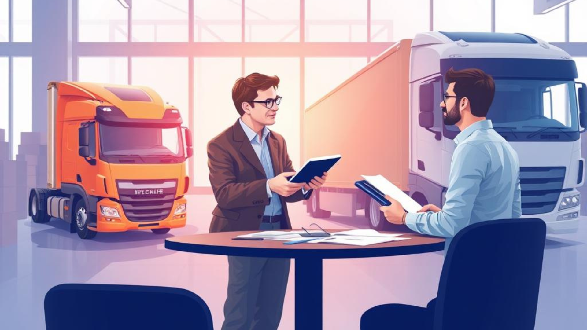 image d'un apporteur d'affaires transport échangeant des informations avec un client et un transporteur dans un bureau moderne, entouré de véhicules VTC et de camions de déménagement.